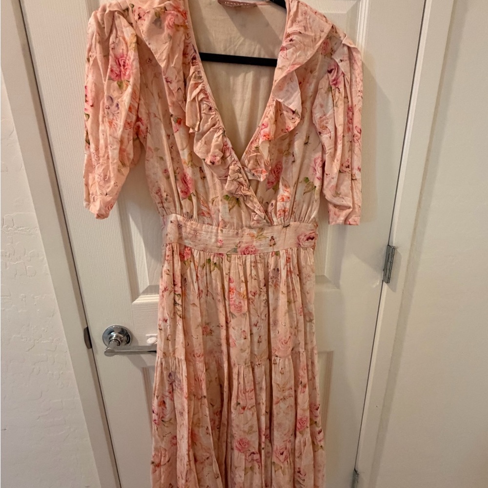 JessaKae Blush Floral Ruffle V-Neck Maxi Dress